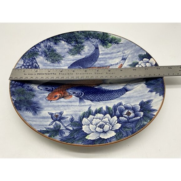 Japanese Vintage Koi Fish and Lotus Blue 12" Charger/Small Platter Collectible - Picture 11 of 14